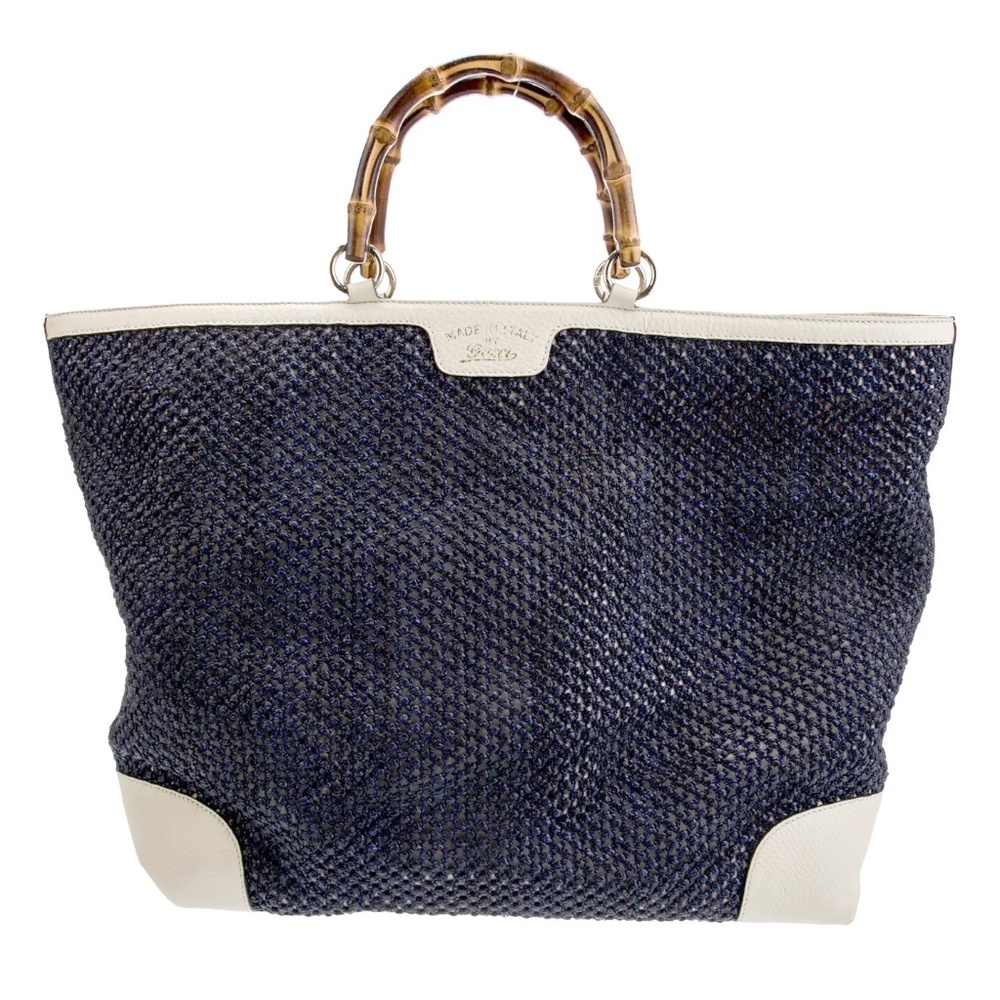 Gucci Raffia Bamboo Linen Leather Tote Bag Navy White